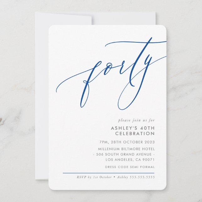 ELELGANT modern Calligraphy 40:e party royal blue Inbjudningar (Framsida)
