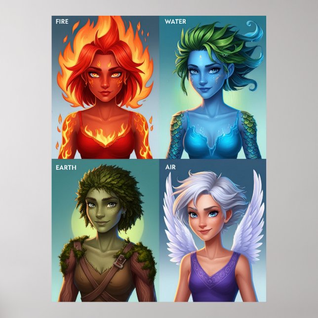 Elementär Fantasy Porträtt Fire Vatten Earth Luft Poster (Framsidan)