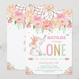 Elephant 1st Birthday Boho Rosa Blommigt Girl Girl Inbjudningar