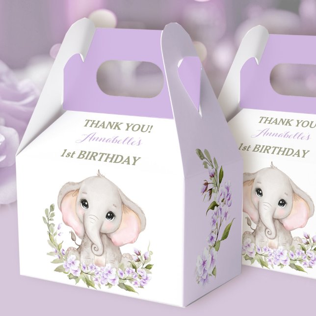 Elephant 1st Birthday Girl Lila Blommigt Vår Presentaskar (Elephant 1st Birthday Girl Spring Purple Floral Favor Boxes)