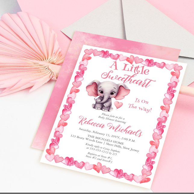 Elephant A Little Baby Shower Inbjudningar (Pink Hearts | Elephant "A Little Sweetheart Is On The Way" Girl Baby Shower Invitation)