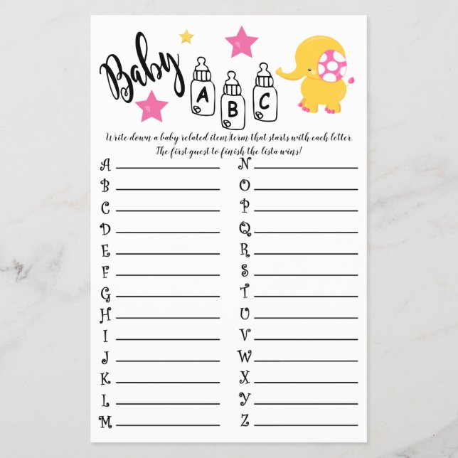 ELEPHANT BABY ABC BABY SHOWER GAME CARD FLYGBLAD (Framsidan)