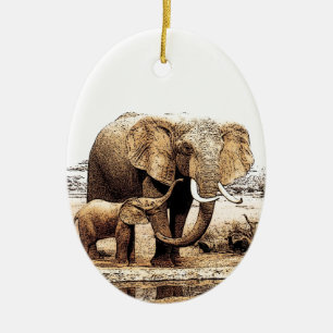 Elephant & Baby Elephant Julgransprydnad Keramik