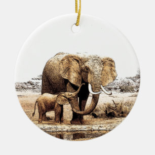 Elephant & Baby Elephant Julgransprydnad Keramik