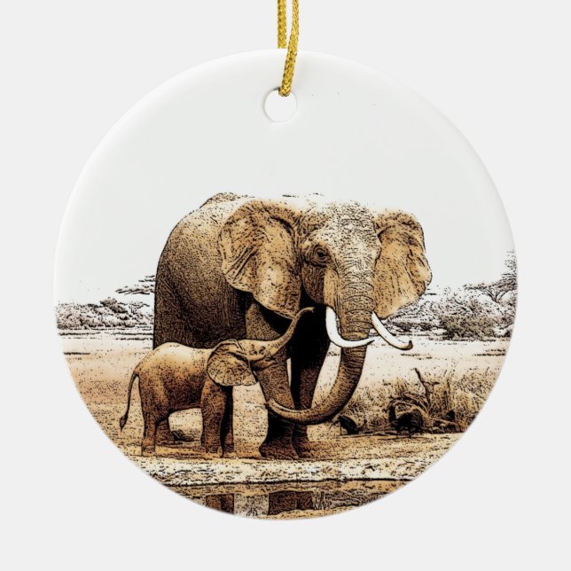 Elephant & Baby Elephant Julgransprydnad Keramik (Framsidan)
