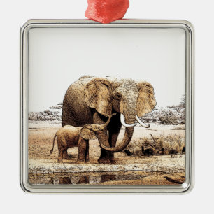 Elephant & Baby Elephant Julgransprydnad Metall