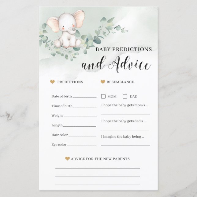 Elephant baby-förutsägelser och jaktkort (Framsida)