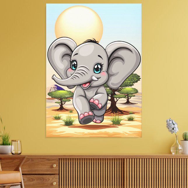 Elephant Baby Jumping Lycklig i African Savannah Canvastryck (Insitu (Vardagsrum))