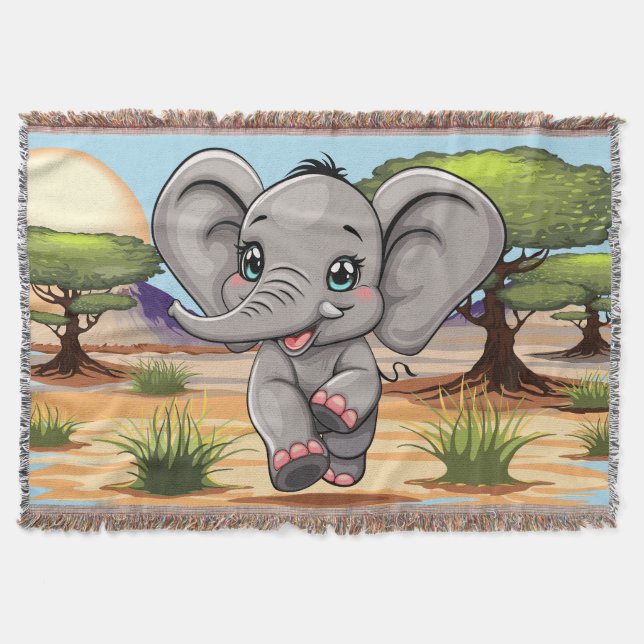 Elephant Baby Jumping Lycklig i African Savannah Filt (Framsidan)