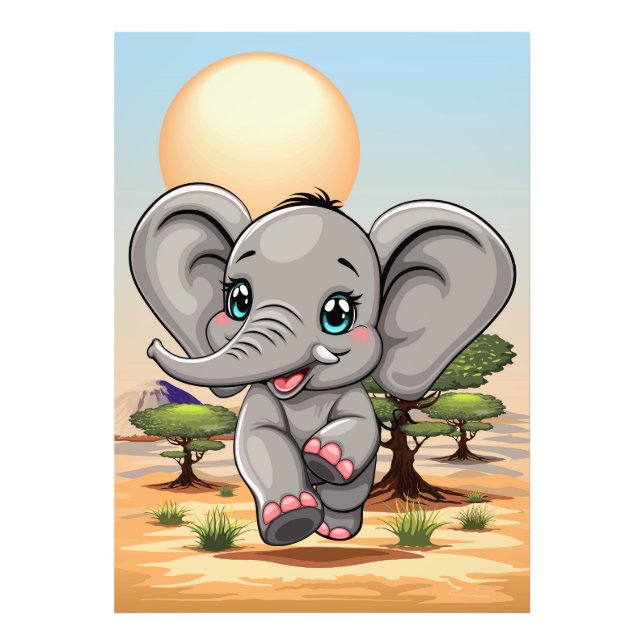 Elephant Baby Jumping Lycklig i African Savannah Fototryck (Framsidan)