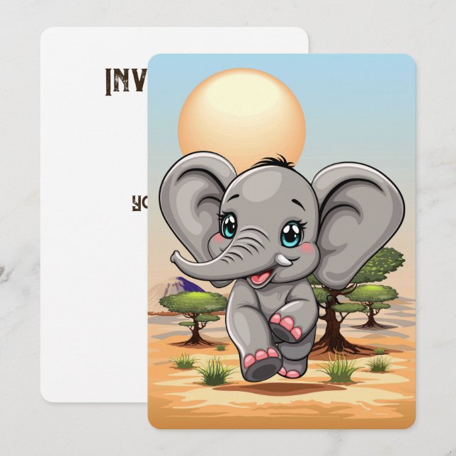 Elephant Baby Jumping Lycklig i African Savannah Inbjudningar (Fram/baksida)