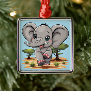 Elephant Baby Jumping Lycklig i African Savannah Julgransprydnad Metall