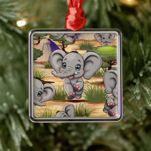 Elephant Baby Jumping Lycklig i African Savannah Julgransprydnad Metall