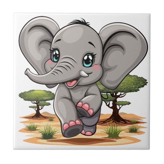 Elephant Baby Jumping Lycklig i African Savannah Kakelplatta (Framsidan)