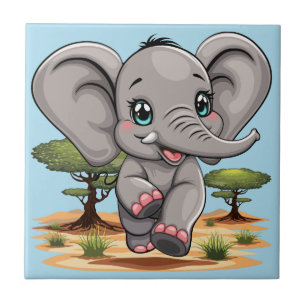 Elephant Baby Jumping Lycklig i African Savannah Kakelplatta