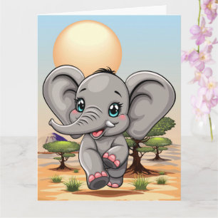 Elephant Baby Jumping Lycklig i African Savannah Kort