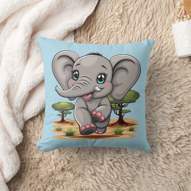 Elephant Baby Jumping Lycklig i African Savannah Kudde (Filt)