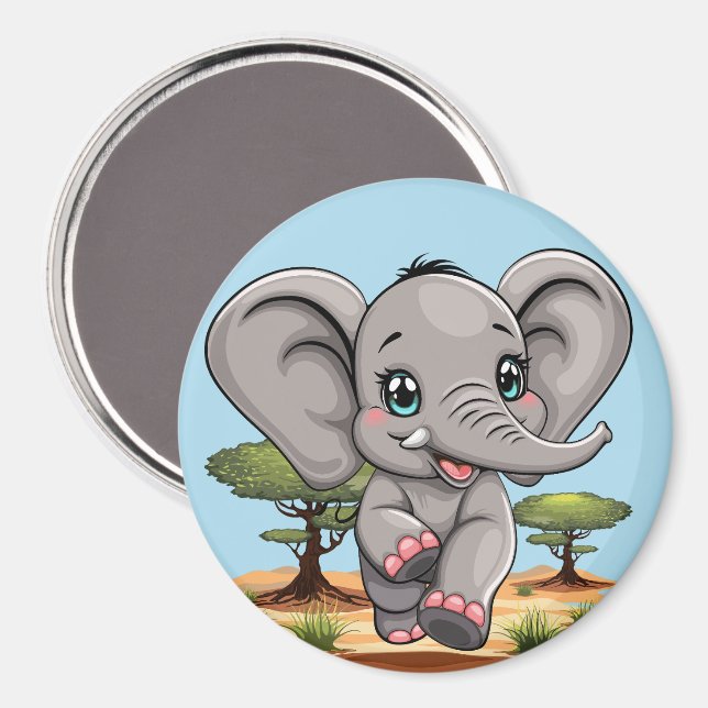 Elephant Baby Jumping Lycklig i African Savannah Magnet (Front/Back)