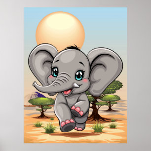 Elephant Baby Jumping Lycklig i African Savannah Poster