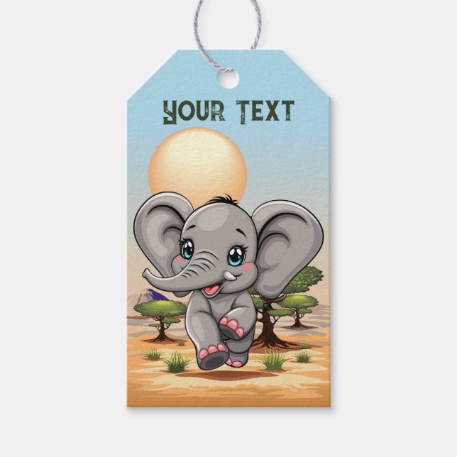 Elephant Baby Jumping Lycklig i African Savannah Presentetikett (Framsidan)