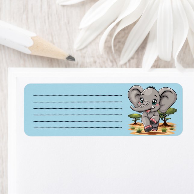 Elephant Baby Jumping Lycklig i African Savannah Returadress Etikett (Insitu)