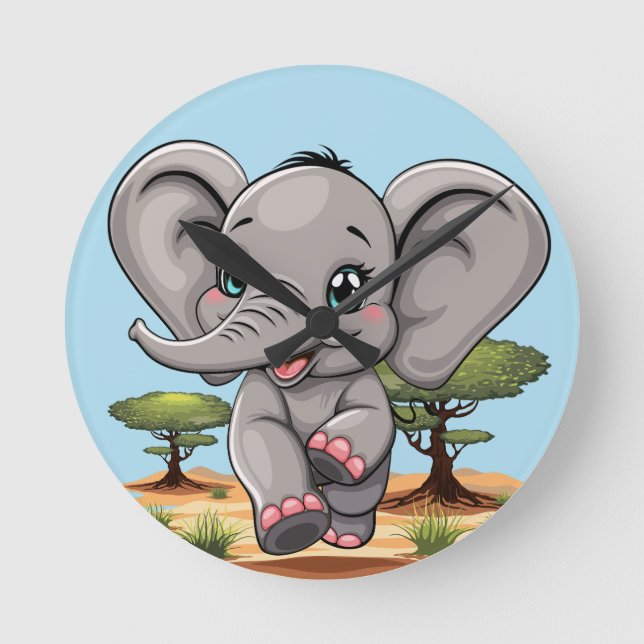 Elephant Baby Jumping Lycklig i African Savannah Rund Klocka (Framsida)