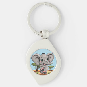 Elephant Baby Jumping Lycklig i African Savannah Swirl Silverfärgad Nyckelring