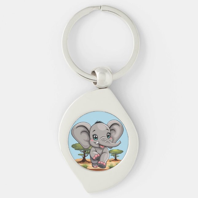Elephant Baby Jumping Lycklig i African Savannah Swirl Silverfärgad Nyckelring (Framsidan)