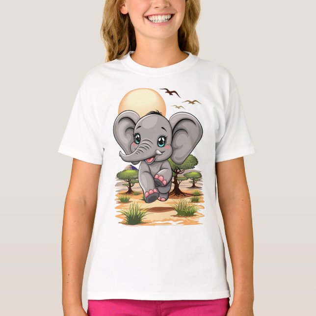 Elephant Baby Jumping Lycklig i African Savannah T Shirt (Framsida)