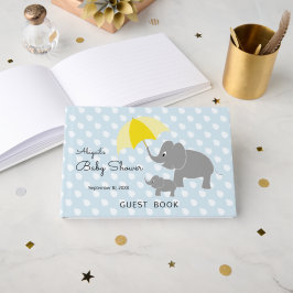 Elephant & Baby, Paraplla, Blue Baby Shower Gästböcker