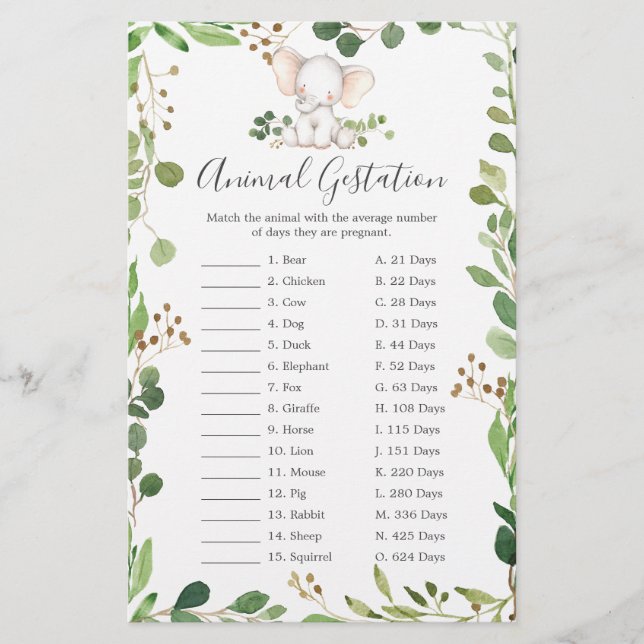 Elephant Baby Shower Animal Gestation Game (Framsida)
