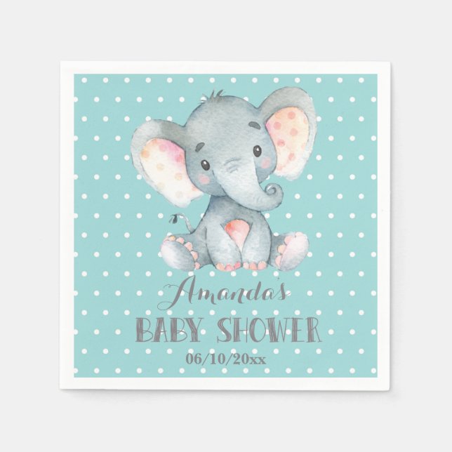 Elephant Baby Shower Aqua och Grått Napkins Pappersservett (Framsidan)