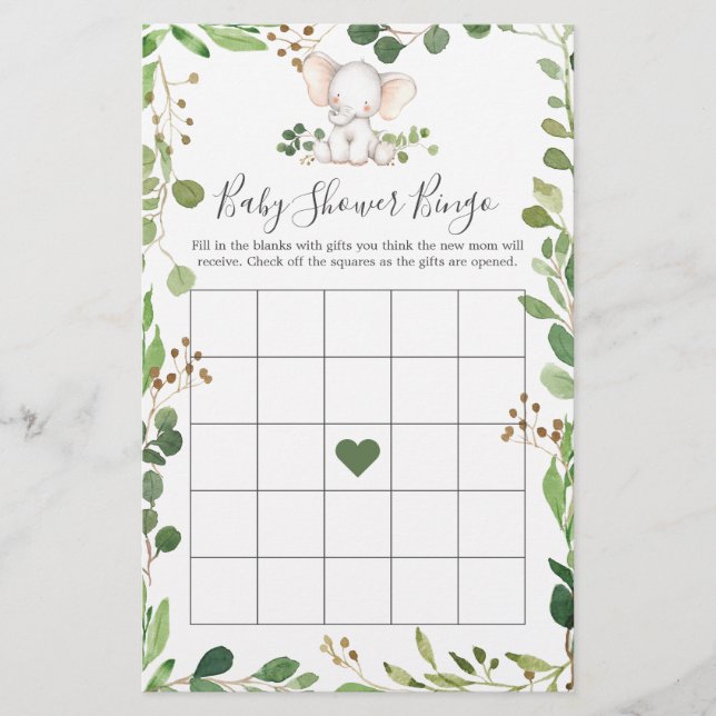 Elephant Baby Shower Bingo Game (Framsida)