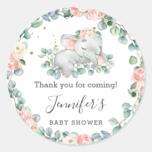 Elephant Baby Shower Blommigt Greenery Tack Runt Klistermärke