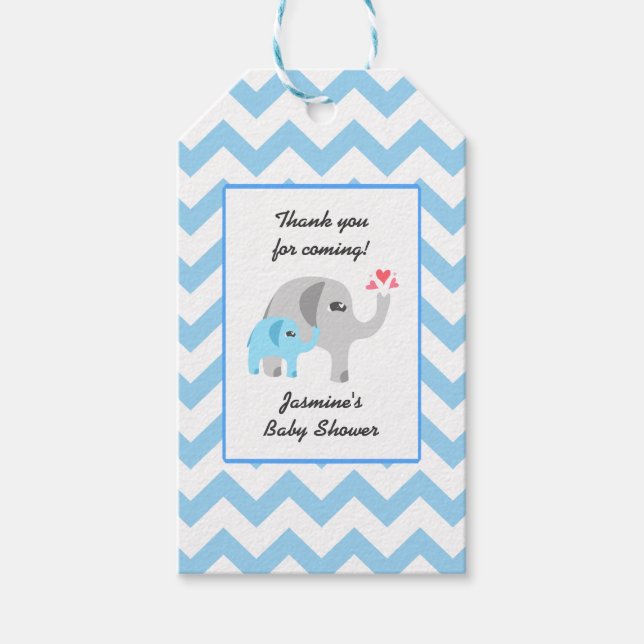 Elephant Baby Shower Blue and White Presentetikett (Framsidan)