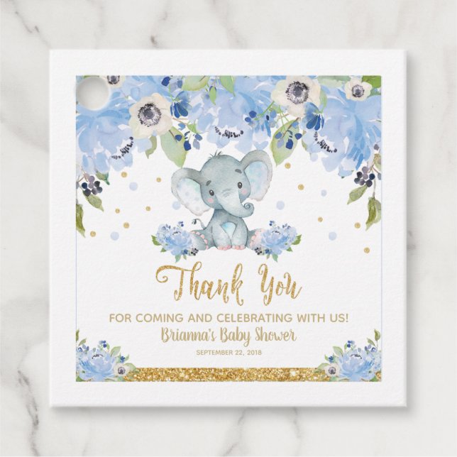 Elephant Baby Shower Blue Blommigt Boy Tack Gåvor Etiketter (Framsida)