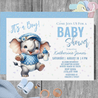 Elephant Baby Shower Blue Boy Farm Inbjudningar
