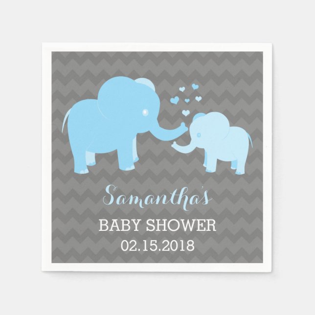 Elephant Baby Shower Blue och Grått Papper Napkins Pappersservett (Framsidan)