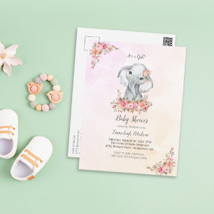 Elephant Baby Shower Boho Chic Coral Watercolor Vykort