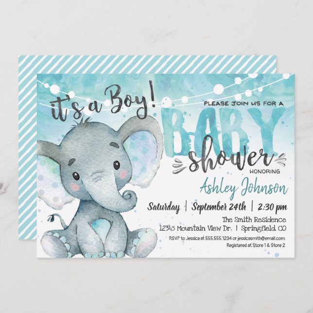 Elephant Baby Shower Boy-inbjudan Inbjudningar (Fram/baksida)