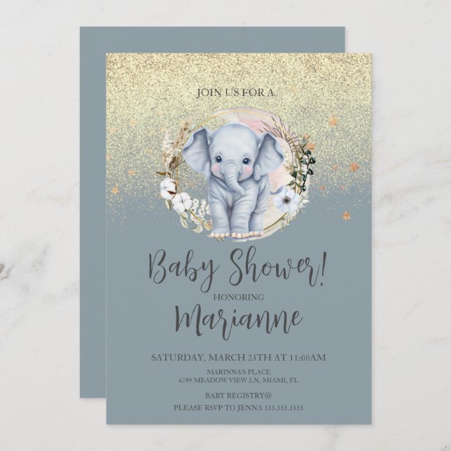 Elephant Baby Shower Faux Guld Glitter Dusty Blue Inbjudningar (Fram/baksida)