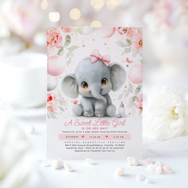 Elephant Baby Shower för  Rosa Guld Blommigt Inbjudningar (Elephant Girl Baby Shower Invitation)