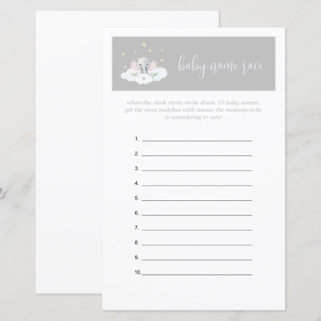 Elephant Baby Shower Game Guessing Game Grått (Fram/baksida)