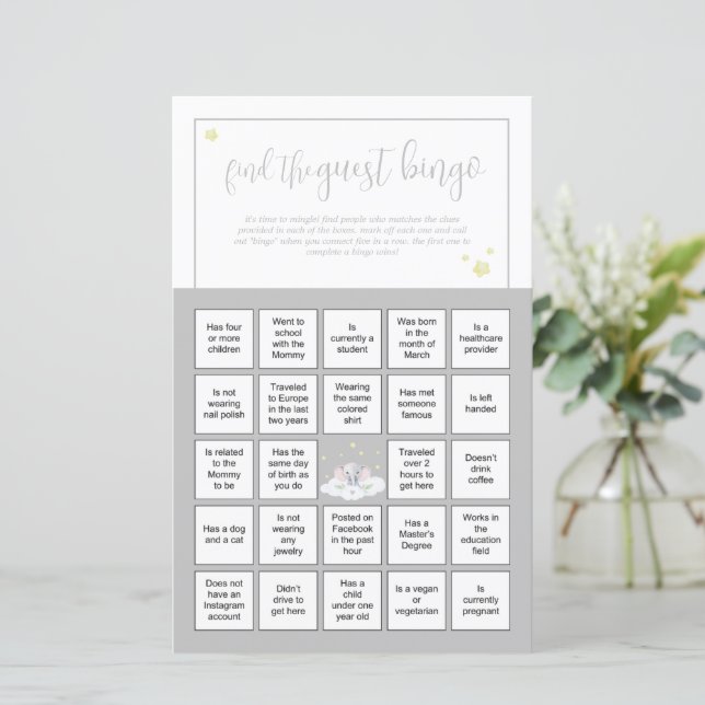 Elephant Baby Shower Game Guest Bingo (Stående Fram)
