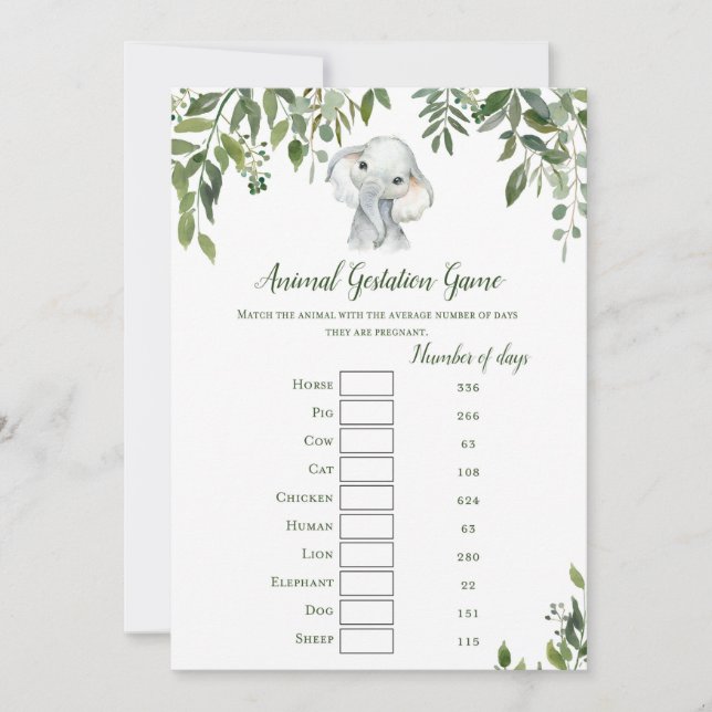 Elephant Baby Shower Game med svar på storlek 5 x  Inbjudningar (Framsida)