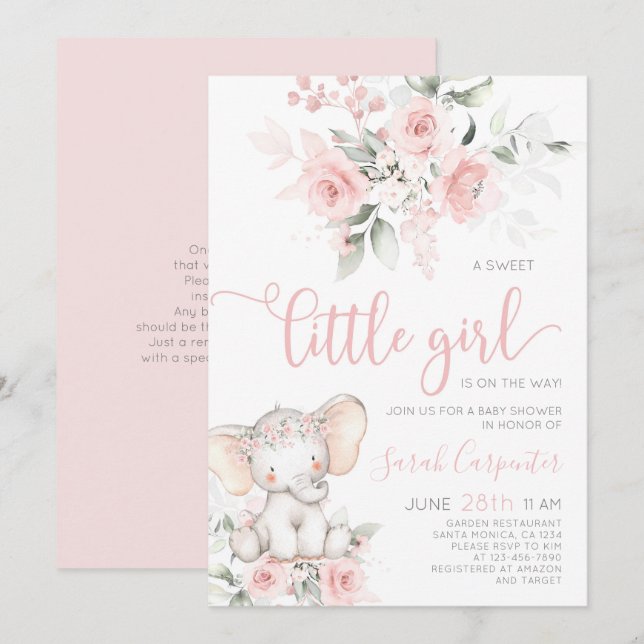 Elephant Baby Shower Girl-inbjudan Inbjudningar (Fram/baksida)