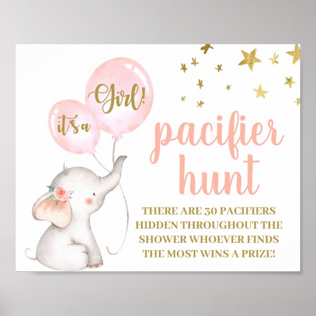 Elephant Baby Shower Girl Nappar Hunt-tecken Poster (Framsidan)