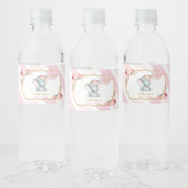 Elephant Baby Shower Girl Rosa Vattenflaska Label Vattenflaskor Etikett (Flaskor)