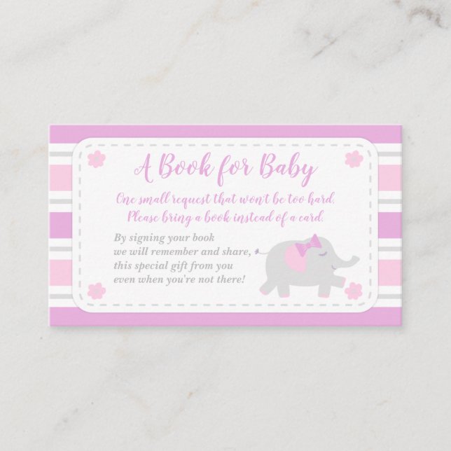 Elephant Baby Shower Girl, ta med en Bok | Rosa Tilläggskort (Framsida)