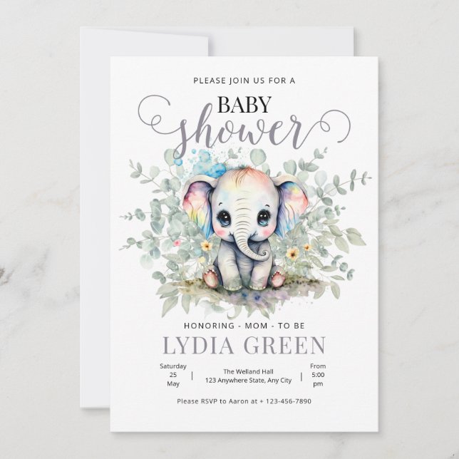 Elephant Baby Shower Greenery boydusch Inbjudningar (Framsida)